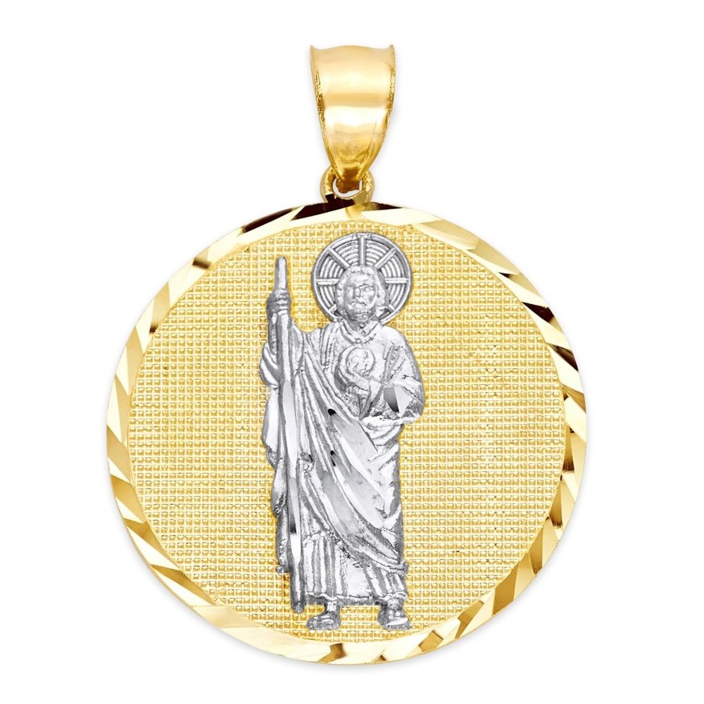 Solid 10k Two-Tone Gold Large St Jude Pendant - Religious Jewelry Gifts for Her